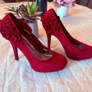Elegant Red High Heels with Ruffle Detail
